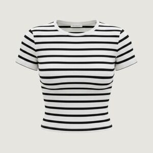 H&M Divided Womens Black White Striped Ribbed Short Sleeve Basic Tee Size M